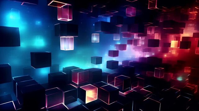 Digital art wallpaper background. A digital artwork depicting a vibrant, abstract digital space scene. The main subject is a series of glowing.