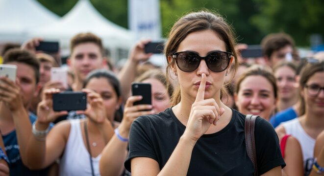 The Hush of Stardom: A captivating woman with sunglasses commands silence, her finger pressed to her lips, as an adoring crowd, phones held high, watches in anticipation. 