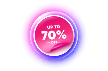 Discount tag sticker purple gradient. Paper offer price tag. Up to 70 percent off sale. Discount offer price sign. Special offer symbol. Save 70 percentages. Sticker label. Grain dots effect. Vector