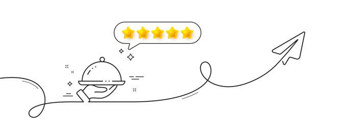 Restaurant food line icon. Continuous line with share plane. Dinner sign. Hotel room service symbol. Five star rate review in speech bubble. Restaurant food single line ribbon. Vector