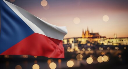 Czech republic flag waving with Prague cityscape blurred in background. National pride and patriotism concept for Independence Day.