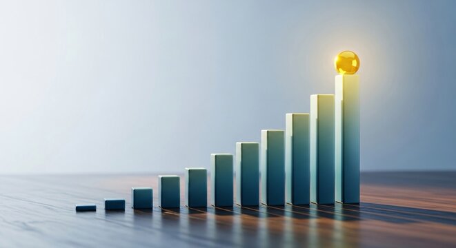 Path to Success: Ascending Bar Graph with Golden Goal Sphere perfect for business presentations, financial reports, marketing campaigns, website