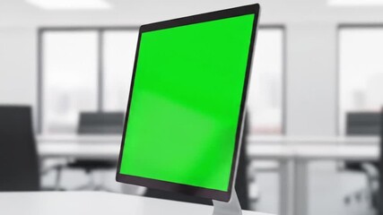 Modern desktop computer with vibrant green screen in bright contemporary office perfect for dynamic presentations and virtual meetings or product mockups