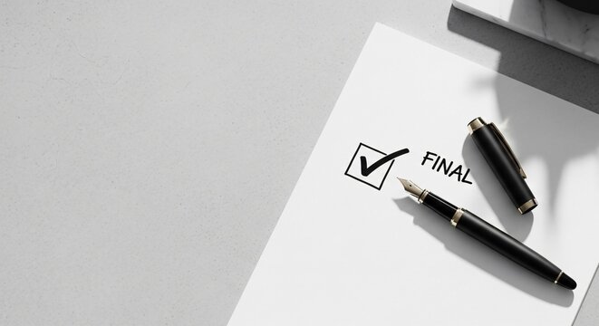 Final Document with Checkmark and Fountain Pen on Desk perfect for Website banner, blog post, presentation slide, marketing material, financial report