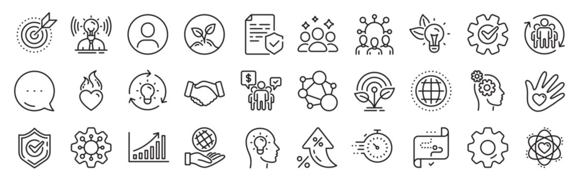 Core values line icons. Settings gear, Message, Inflation icons. Integrity, Target purpose and Strategy. Trust handshake, social responsibility, commitment goal icons. Vector