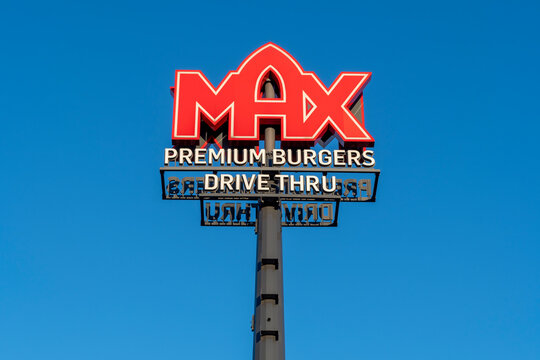 Pruszk&oacute;w, Poland - September 26, 2025: Max Premium Burgers outdoor advertisement on a pole