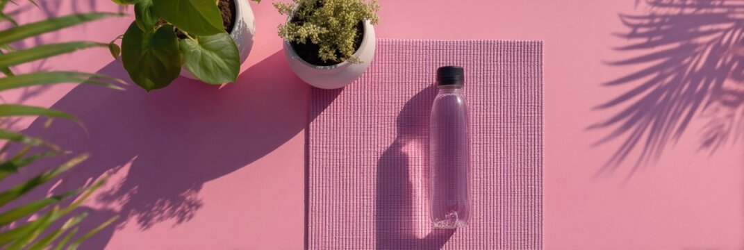 Clean Minimalist Home Workout Space With Yoga Mat and Water Bottle Inviting Healthy Living and Mindfulness