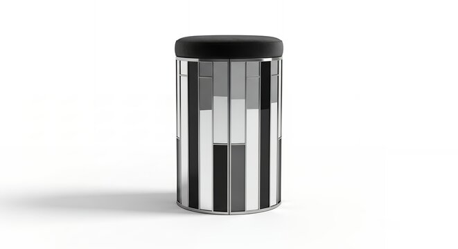 Modern cylindrical stool with black upholstered top and abstract vertical panel design in chrome, black, and grey.