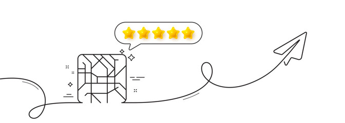 Metro map line icon. Continuous line with share plane. Underground subway sign. Transit topological map symbol. Five star rate review in speech bubble. Metro map single line ribbon. Vector