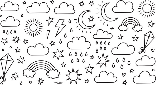 Black and white doodle sheet with clouds sun moon stars rainbows lightning and kites drawing sketch