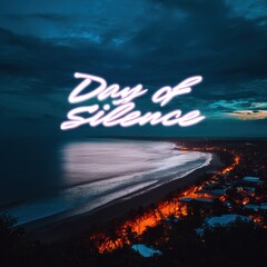Coastal scene with glowing text at dusk evokes serenity and reflection