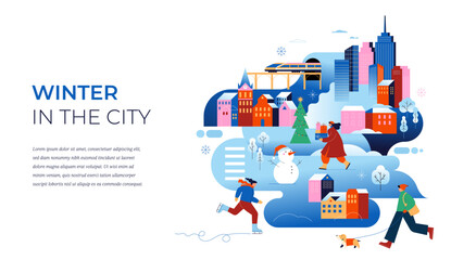 Winter in the city colorful geometric Christmas background.
