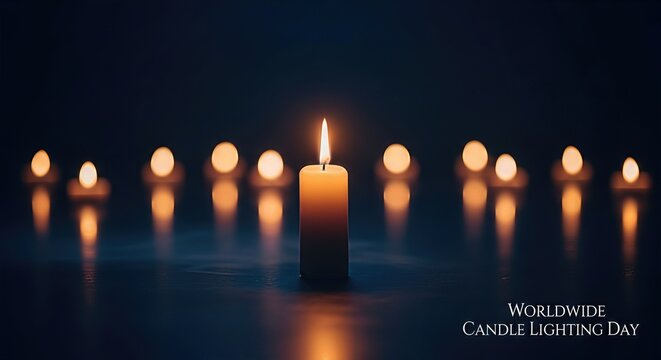 Bright solitary candle flame glows. Warm light casts gentle reflections below. Worldwide commemoration day of remembrance, peace, and spiritual hope for all. - Powered by Adobe