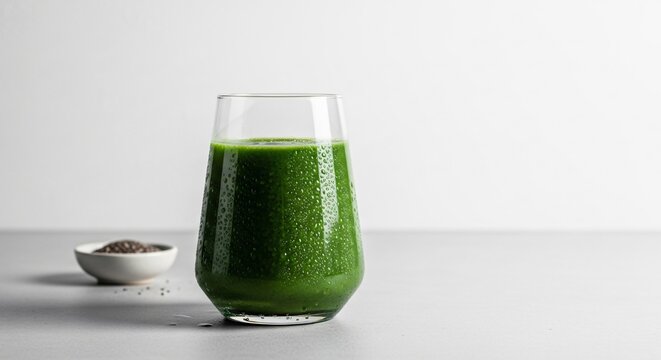 Fresh Green Smoothie with Chia Seeds on a Minimalist Background perfect for healthy recipes, blog posts, social media, website banner, cookbook,