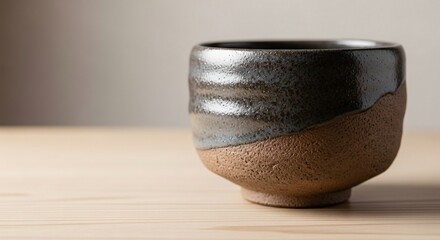 Rustic Handcrafted Ceramic Tea Bowl on Wooden Table perfect for home decor blogs, artisanal product promotion, culinary and tea websites, mindfulness