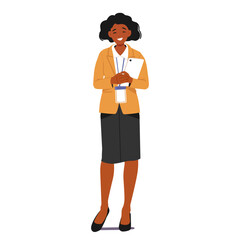 Friendly smiling woman trade show manager or business exhibition event organizer cartoon character