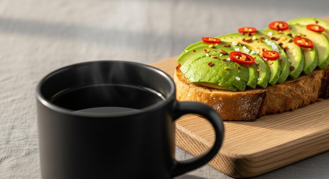 Healthy Avocado Toast with Chili and Coffee Breakfast perfect for food blog, recipe website, healthy lifestyle content, social media post, restaurant