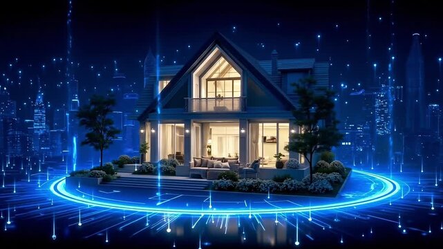 A house in the middle of a futuristic city at night