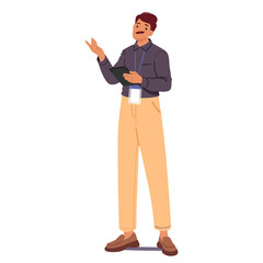 Friendly man trade show manager isolated cartoon character engaged in corporate event coordination