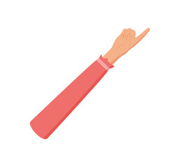 Flat hand gesture for number one. Raised finger signal showing a count of one. Arm covered with pink sleeve, isolated on white background, minimal cartoon graphic style, basic counting concept.