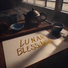 Traditional tea ceremony with teapot and cups on a wooden table