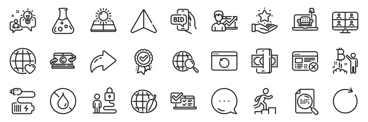 Phishing, Reject web and Search file line icons pack. Share, Message, Paper plane icons. Online survey, Idea, Loyalty program web icon. Vector