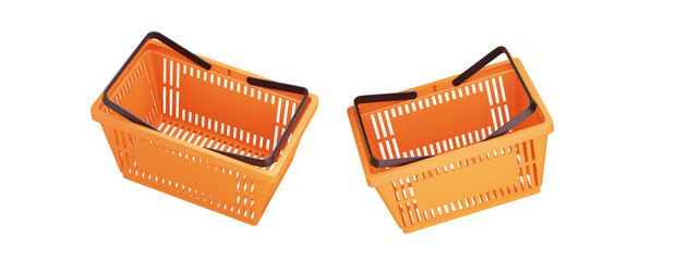 Plastic shopping basket on isolated background. Orange store empty basket. Supermarket shopping cart. 3d rendering.