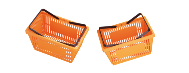 Plastic shopping basket on isolated background. Orange store empty basket. Supermarket shopping cart. 3d rendering.
