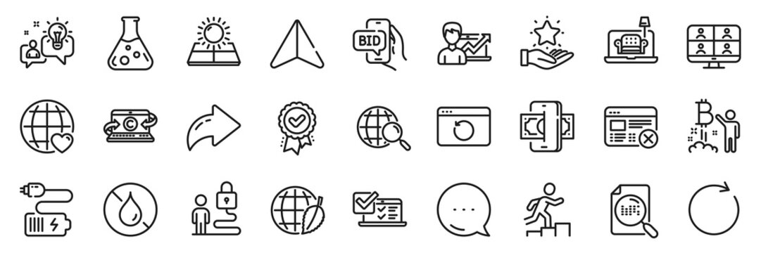 Phishing, Reject web and Search file line icons pack. Share, Message, Paper plane icons. Online survey, Idea, Loyalty program web icon. Vector
