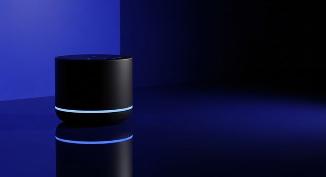 Modern Smart Speaker on Reflective Surface with Blue Light perfect for website banner, technology blog, product marketing, presentation background,