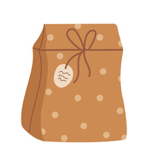 Rustic kraft takeaway box in flat brown paper style. Eco container gives a gift feel with a natural and xmas accent. Modern graphic look, sustainable package for present or festive decor.