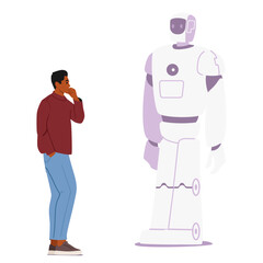 Man visiting futuristic exhibition engrossed in robotic technology presentation at trade show