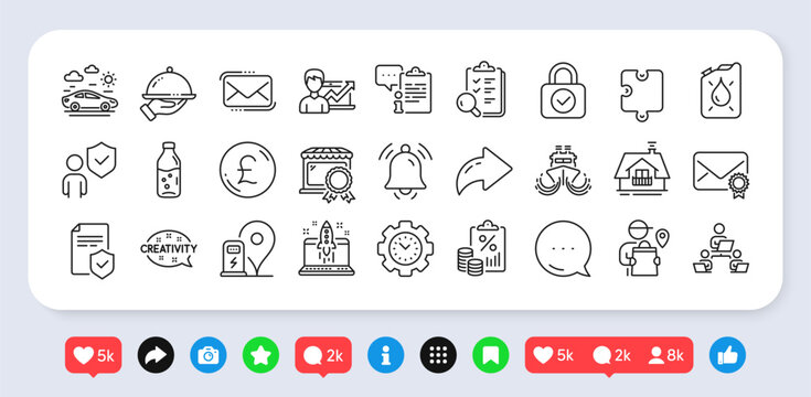 Time management, Notification bell and Restaurant food line icons pack. Social media: share, comment, like icons. Puzzle, Insurance policy, Messenger mail web icon. Vector