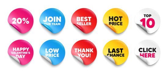 Discount sticker tag. Top 10, Best seller, Hot price banners. 20 percent off sale tag. Discount offer price sign. Special offer symbol. Join our team sticker. Vector