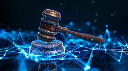 Wooden gavel atop a digital pedestal with a network overlay