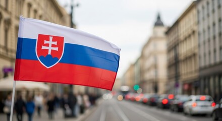 Slovakian flag proudly waving in city street with blurred background. National symbol for independence day, patriotism, and pride for Slovakia.