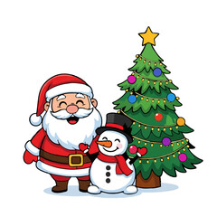 Santa Claus and Snowman by Decorated Christmas Tree

