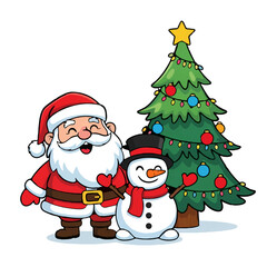 Santa Claus and Snowman by Decorated Christmas Tree

