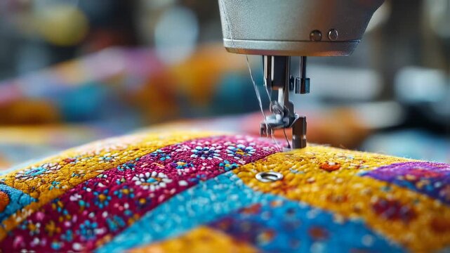 Detailed shot of a sewing machine stitching a colorful patchwork quilt precisely