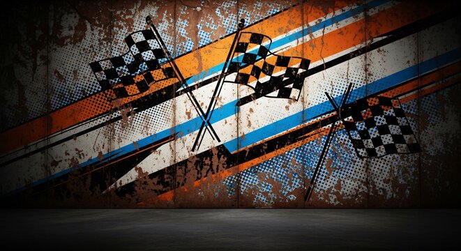 Grungy Checkered Racing Flags with Rustic Striped Background perfect for motorsports event promotion, website banner, poster design, t-shirt graphic,