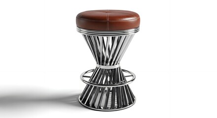 Chrome bar stool with brown leather seat on white background.
