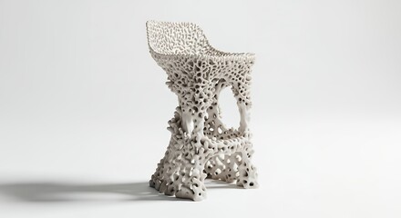 Intricate 3D-printed chair with a porous, organic design, standing on a white surface, casting a soft shadow.