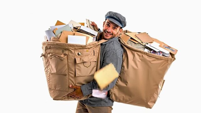 A man holding a large bag full of mail
