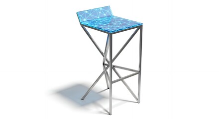 Modern bar stool with blue patterned seat and metal frame.