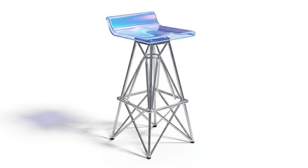 A modern bar stool with a translucent iridescent seat and a complex geometric metal frame on a white background.