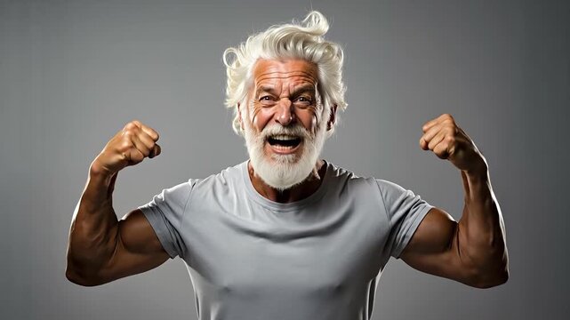 An older man with white hair and beard wearing a grey t - shirt raises his fists in