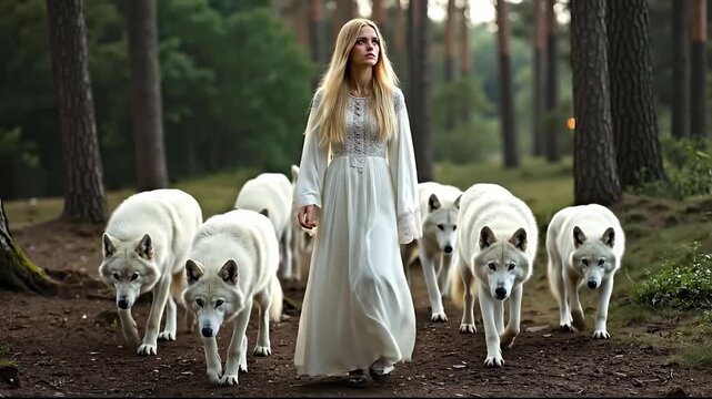 A woman in a white dress walking with a group of white wolves