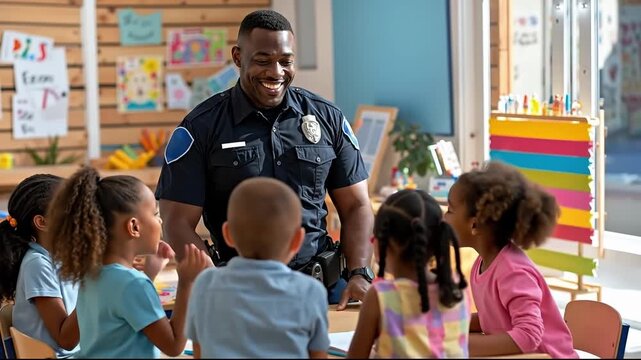 A police officer standing in front of a group of children