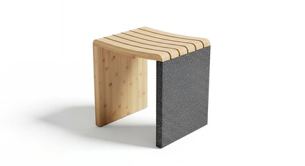 A modern wooden stool with a curved seat and a dark textured side, isolated on a white background.
