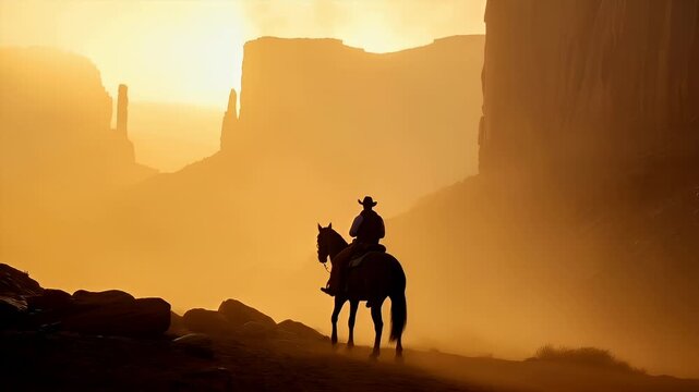 A silhouette of a cowboy riding a horse against a backdrop of a sunset. The cowboy is wearing a hat and a long coat, and the horse is dark with a light mane.
